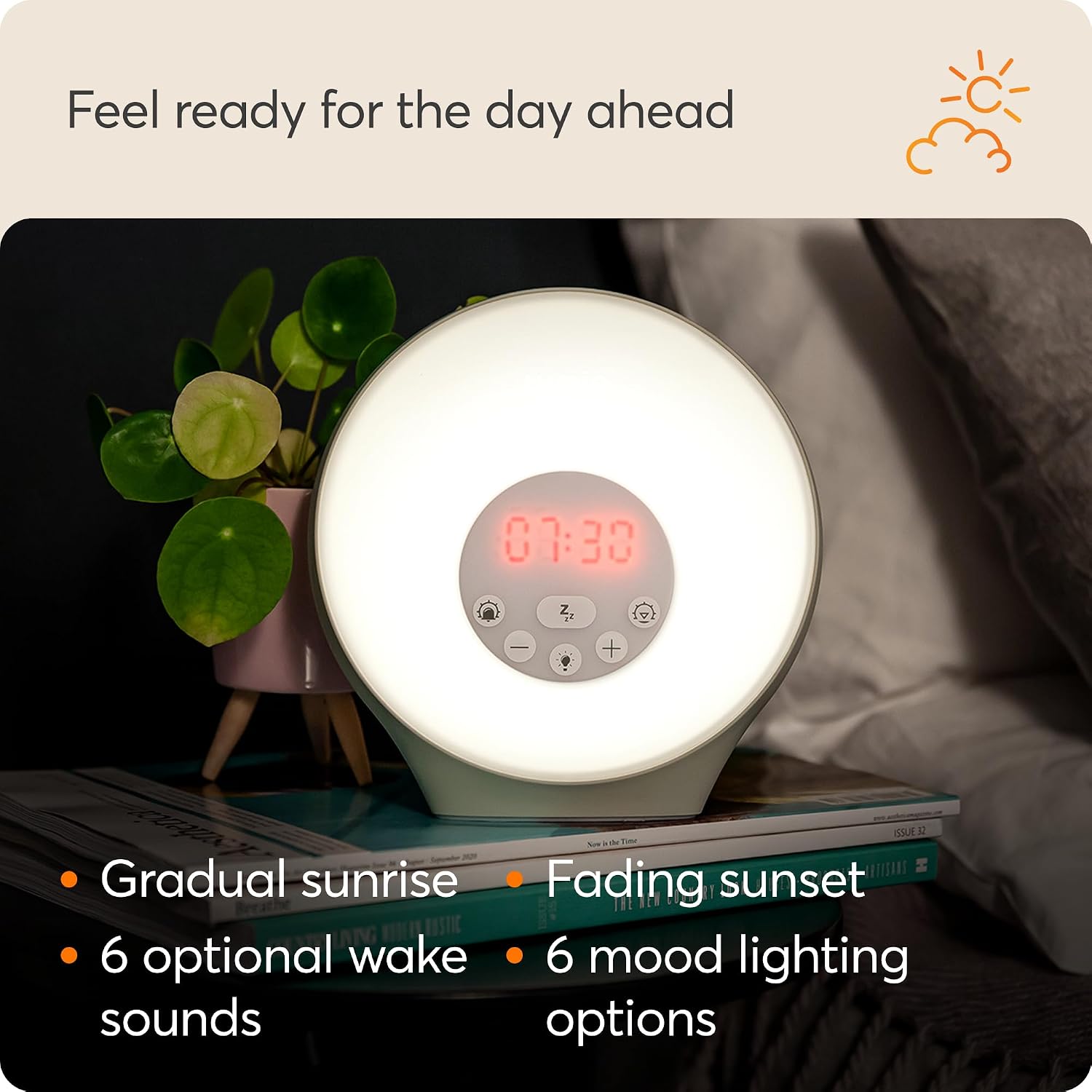 Detalle 2 de Lumie Sunrise Alarm sunrise wake-up alarm with sunset sleep feature, sounds & mood lighting (White)