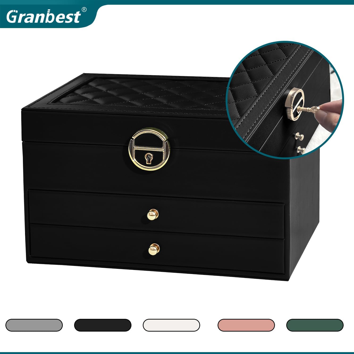 Thumbnail 5 de Granbest 3 Layers Jewellery Box with 2 Drawers (Black) – Elegant Leather Jewellery Storage Case