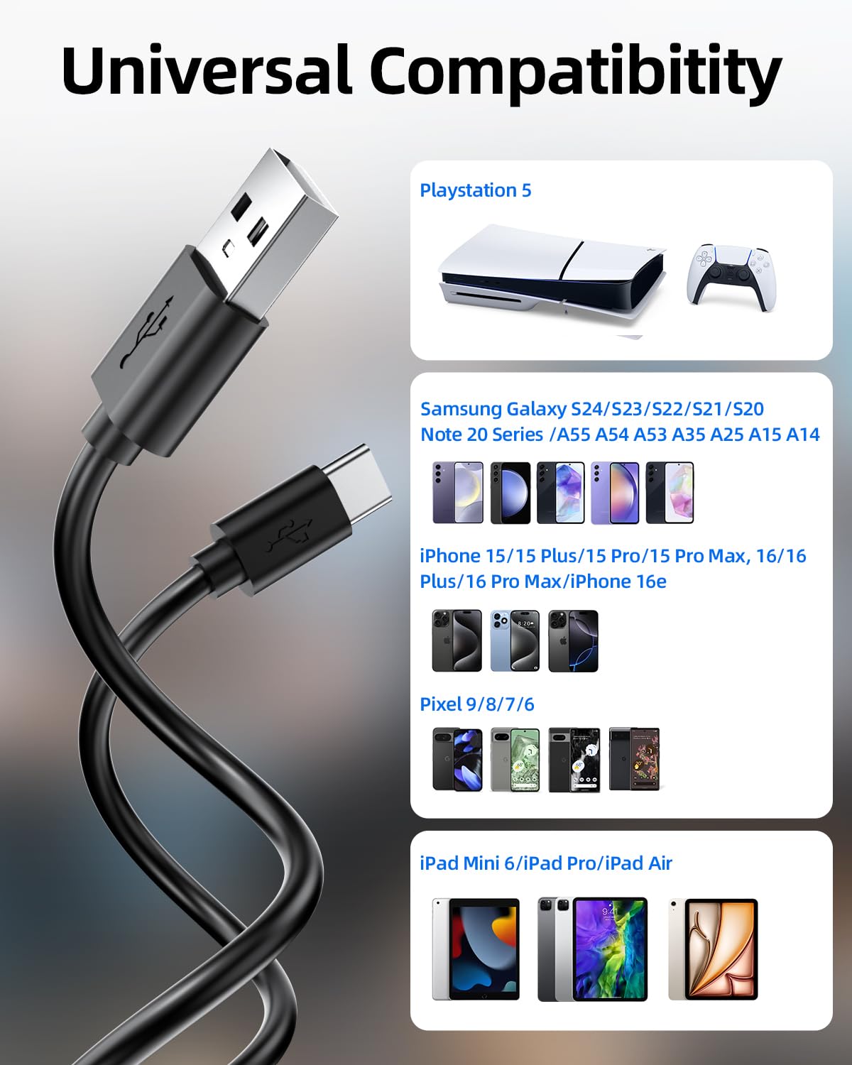 Detalle 2 de Superer 2-Pack 3m USB-C Charging Cables for PS5/PlayStation 5 & More