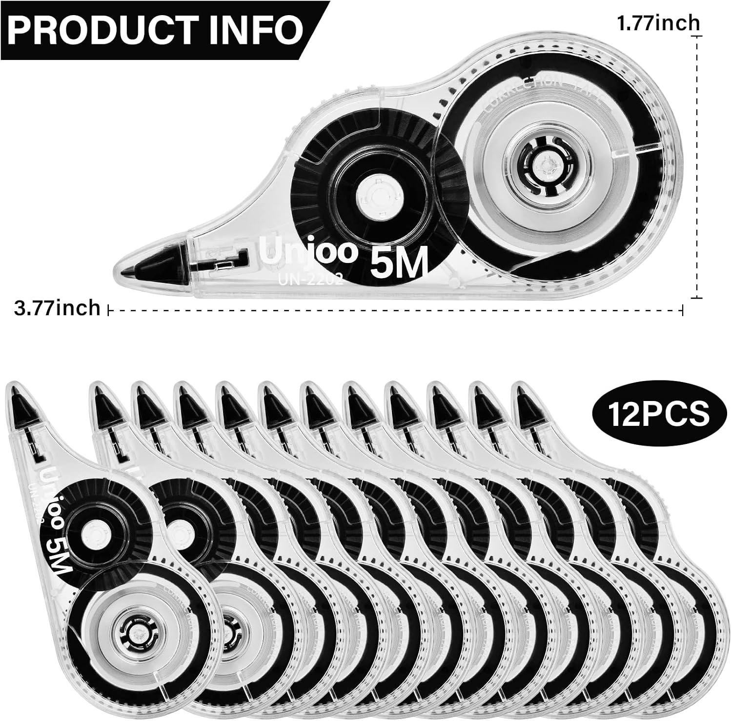 Detalle de Unjoo Correction Tape, Model Unjoo, 12-Pack, 5 m x 5 mm White-Out