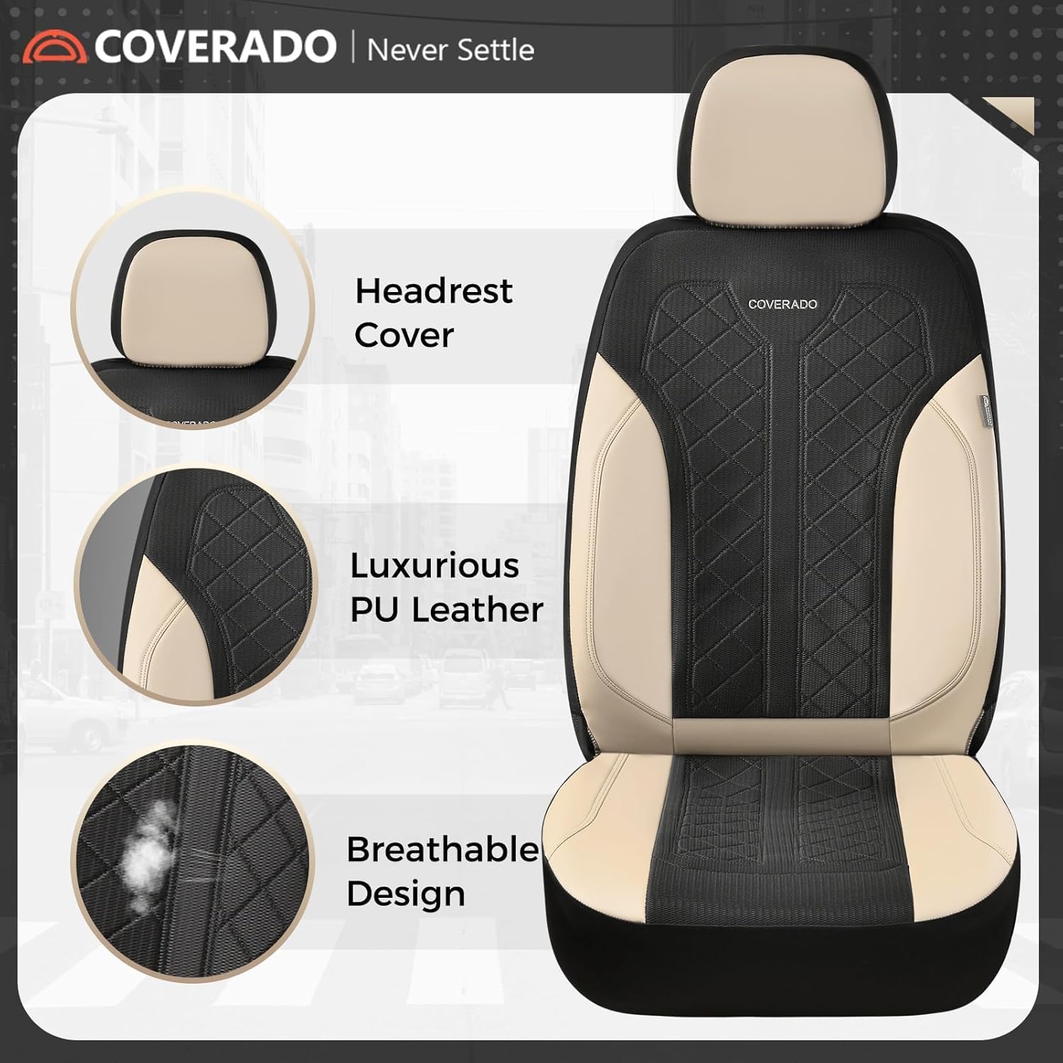 Thumbnail 5 de Coverado Seat Covers Full Set: Beige PU Leather with Breathable Mesh, 5-Piece Universal Car Seat Protectors