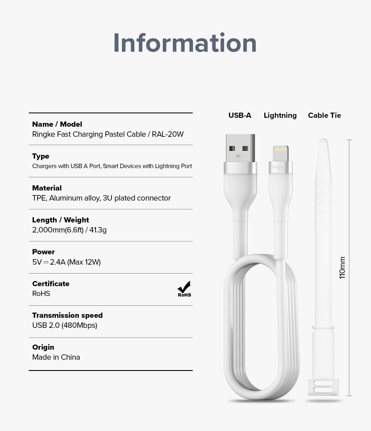 Thumbnail 6 de Ringke Fast Charging Pastel Cable 2M (12W) – USB-A to Lightning, White