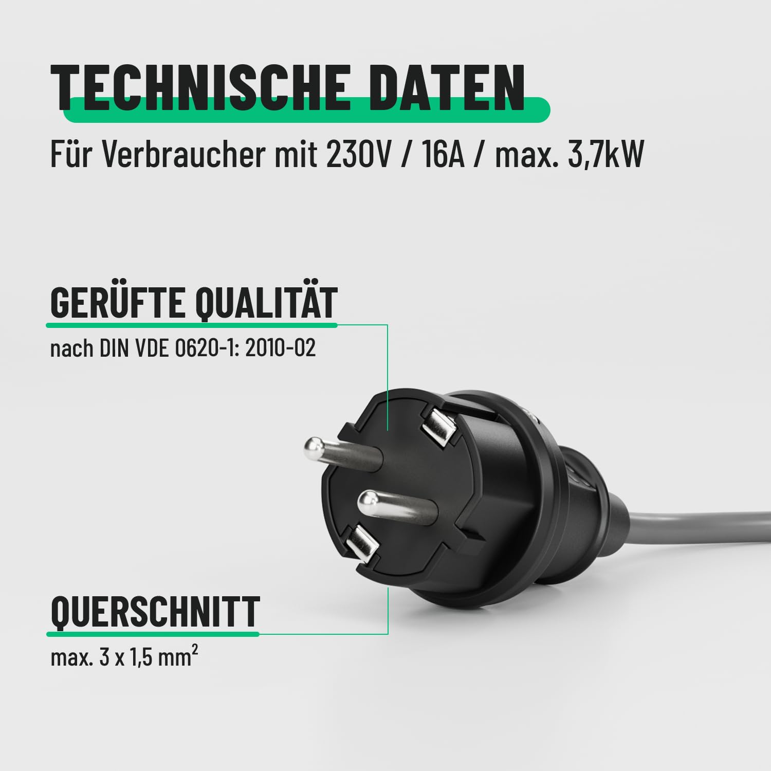 Thumbnail 4 de Greate 3x Schuko-Stecker für Außenbereich (Schwarz) mit Knickschutz & Zugentlastung, 230V 16A, IP44