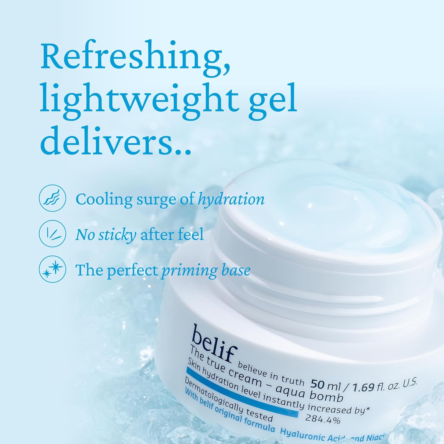 Detalle de belif Aqua Bomb Cream: crema idratante quotidiana con Niacinamide, acido ialuronico e squalano