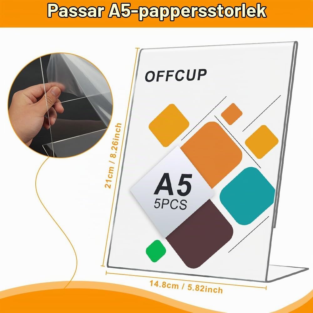 Detalle de OFFCUP akrylställ för A5, 5-pack med dubbelsidig T-formad skyltvisning