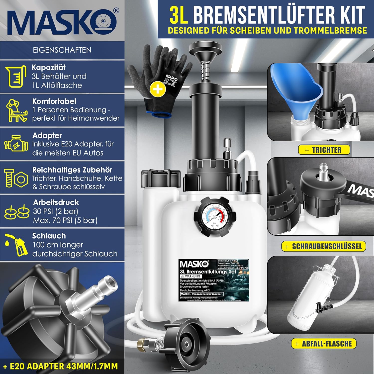 Detalle 2 de MASKO® Bremsenentlüftungsgerät Auto – Bremsflüssigkeits-Wechsel Set mit Handpumpe, 3L + 1L Absaugbehälter, für Scheiben- und Trommelbremsen