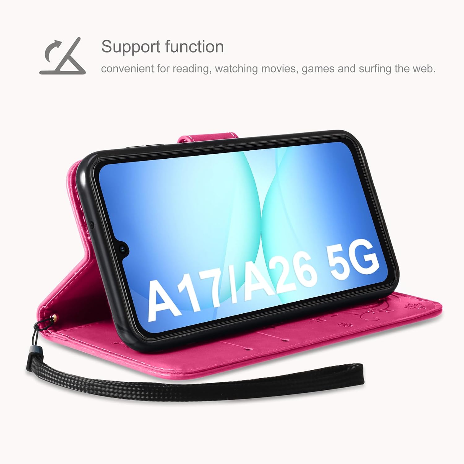 Detalle de AROYI Lederhülle für Samsung Galaxy A17 5G / A26 5G inkl. Schutzfolie & Stylus – Rosenrot (Flip Wallet Case)