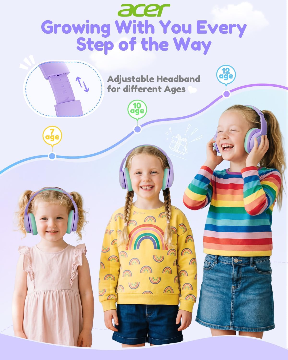 Thumbnail 6 de Acer Kids OHR702 Bluetooth Over-Ear Headphones for Kids (Mic, 75H Playtime, 85dBA Safe Volume) - Purple/Green