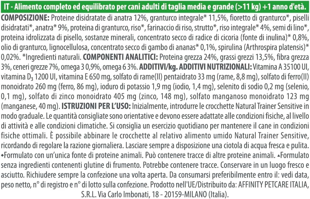 Detalle 2 de Natural Trainer Sensitive No Gluten: cibo per cani adulti all’anatra e cereali integrali, 12 kg