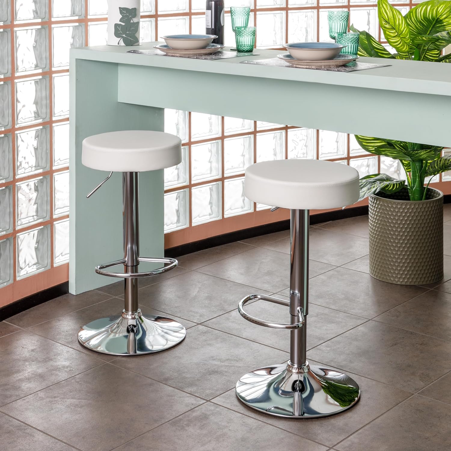 Detalle 2 de Baroni Home Sgabello Bar Girevole con Altezza Regolabile – Bianco, 59–79 cm, Base Cromata