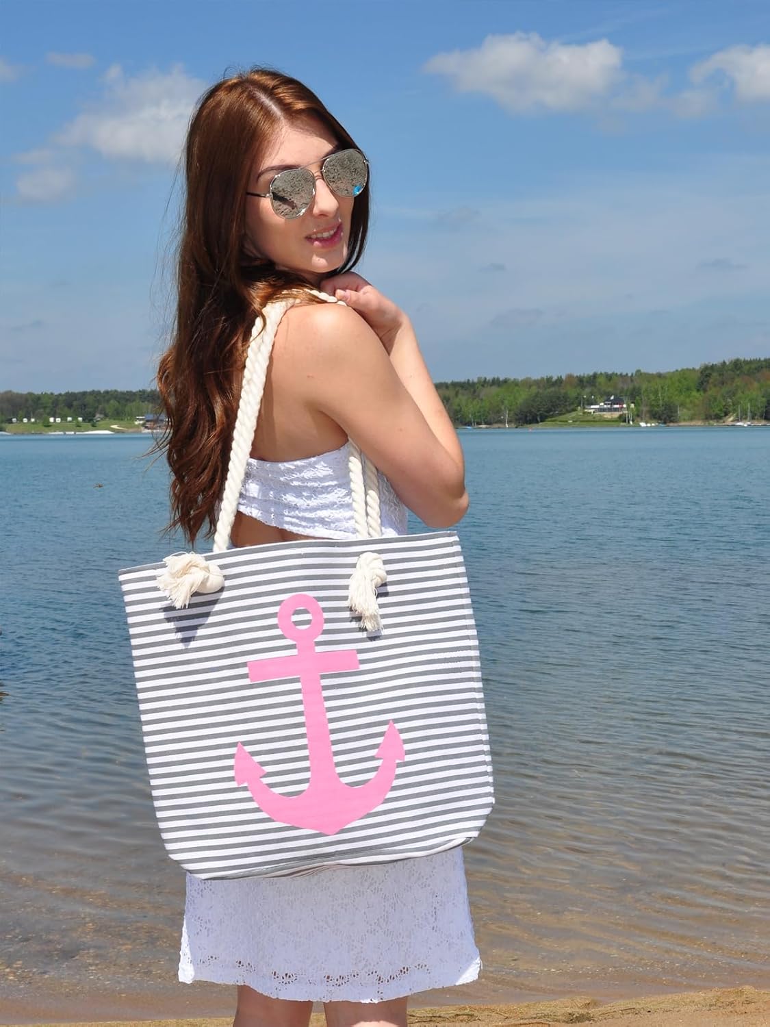 Detalle de StyleBREAKER borsone da spiaggia a righe con ancora – blu-bianco/oro, 46 x 34 x 12 cm