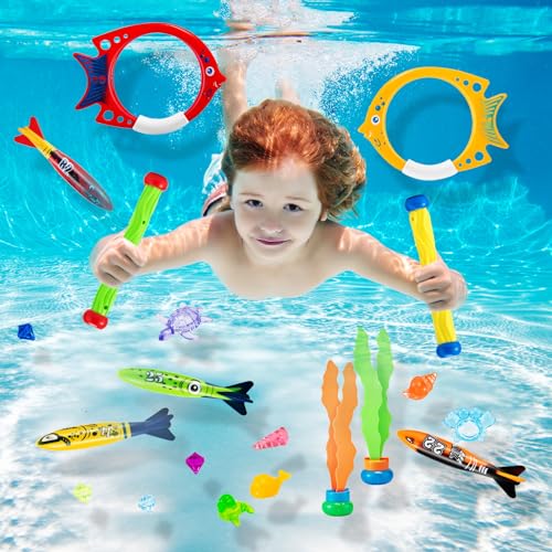 Detalle 2 de Mactoou Juguetes de Buceo para Piscina (24 piezas) – Juego infantil para nadar y bucear con bolsa de transporte