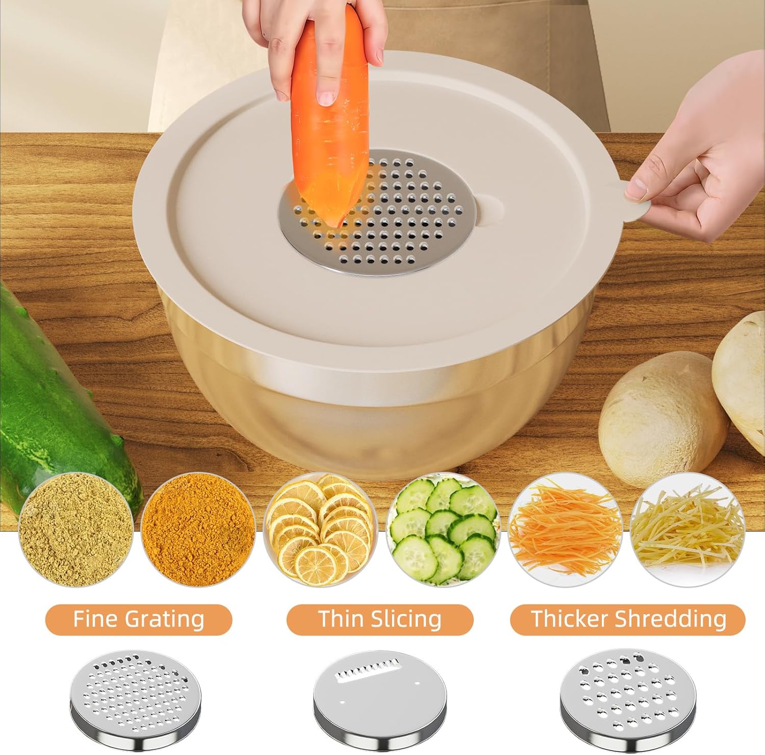 Detalle de Fyrnova 6-Piece Stainless Steel Mixing Bowls Set with Lids and Grater Attachments