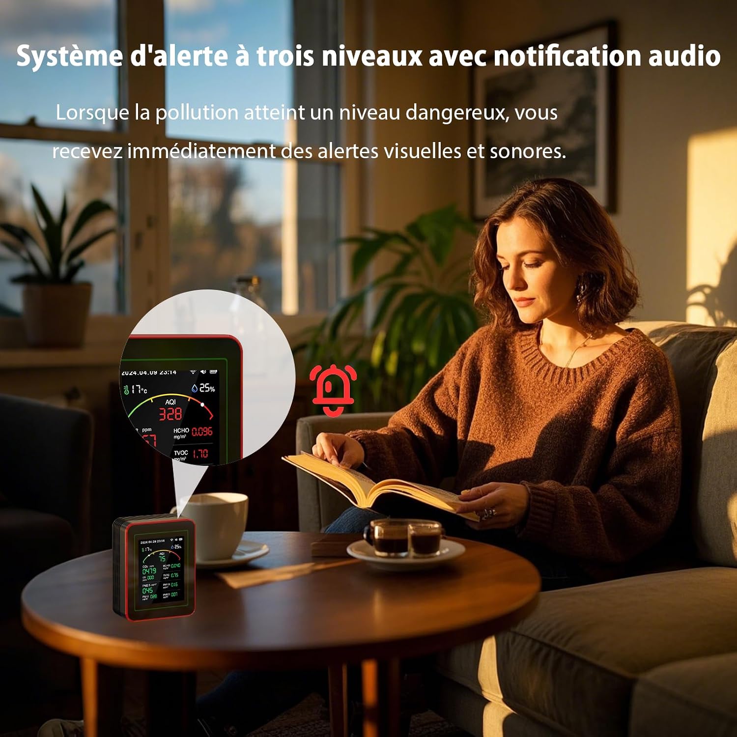 Detalle de Moniteur de Qualité de l’Air 15‑en‑1 avec Application Smartphone – Capteur CO₂, PM2.5/PM10, VOC et HCHO