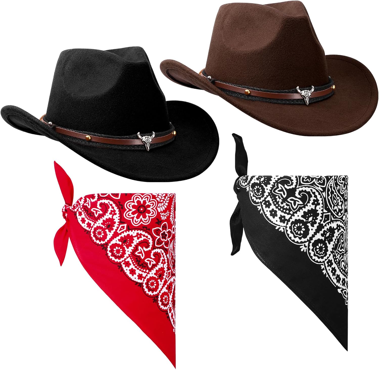 ViEinkaufen 2Pcs Cowboy Hats in Black & Brown with Bandana Scarves Western Hat Set