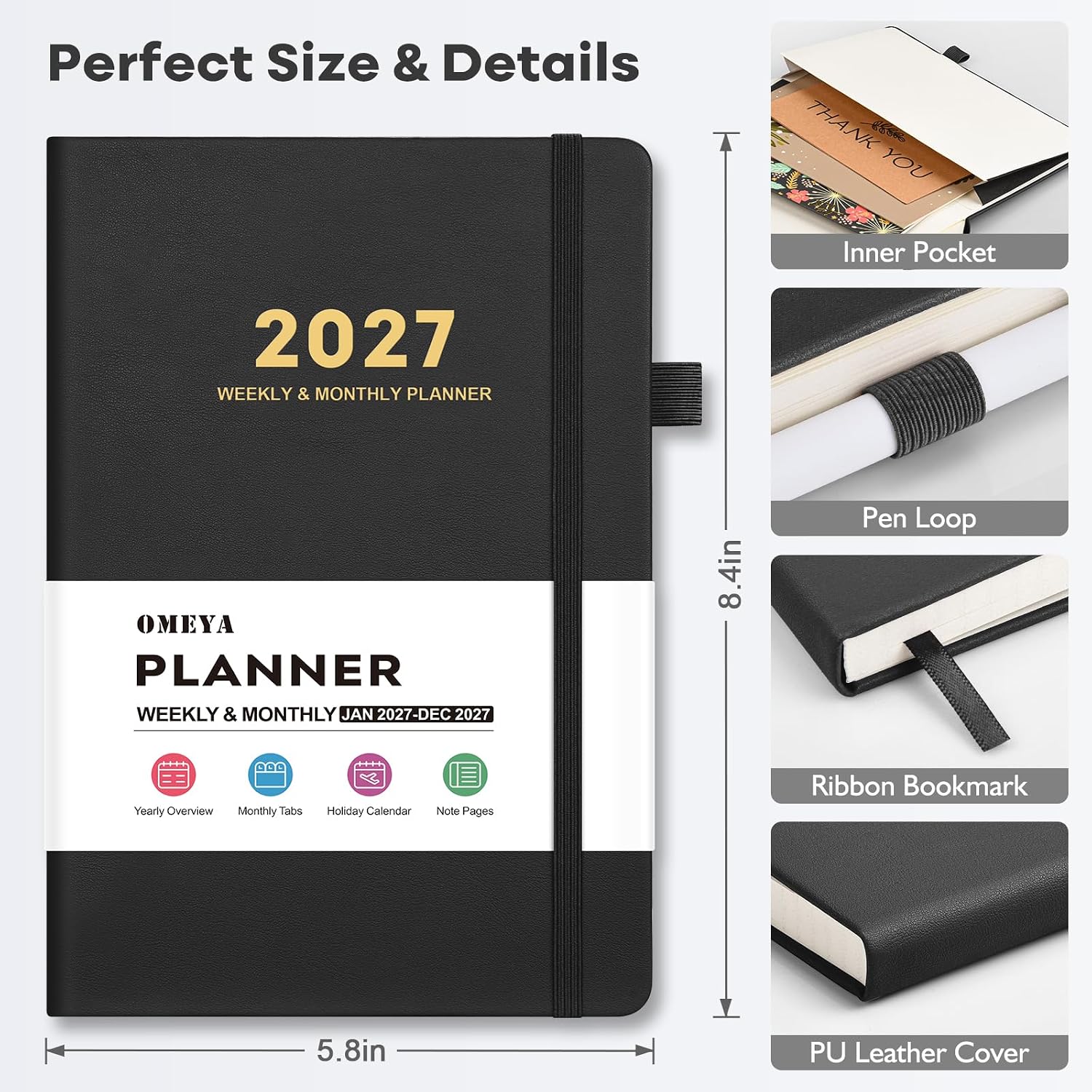 Detalle 2 de OMEYA 2027 A5 Weekly and Monthly Planner, Black Faux-Leather Hardcover