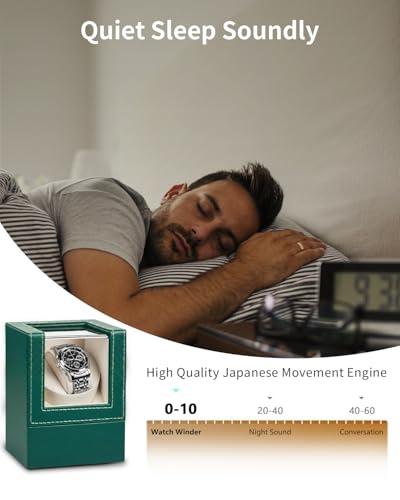 Thumbnail 1 de TOPWAY Automatic Single Watch Winder with Green Leather Box and Quiet Japanese Motor