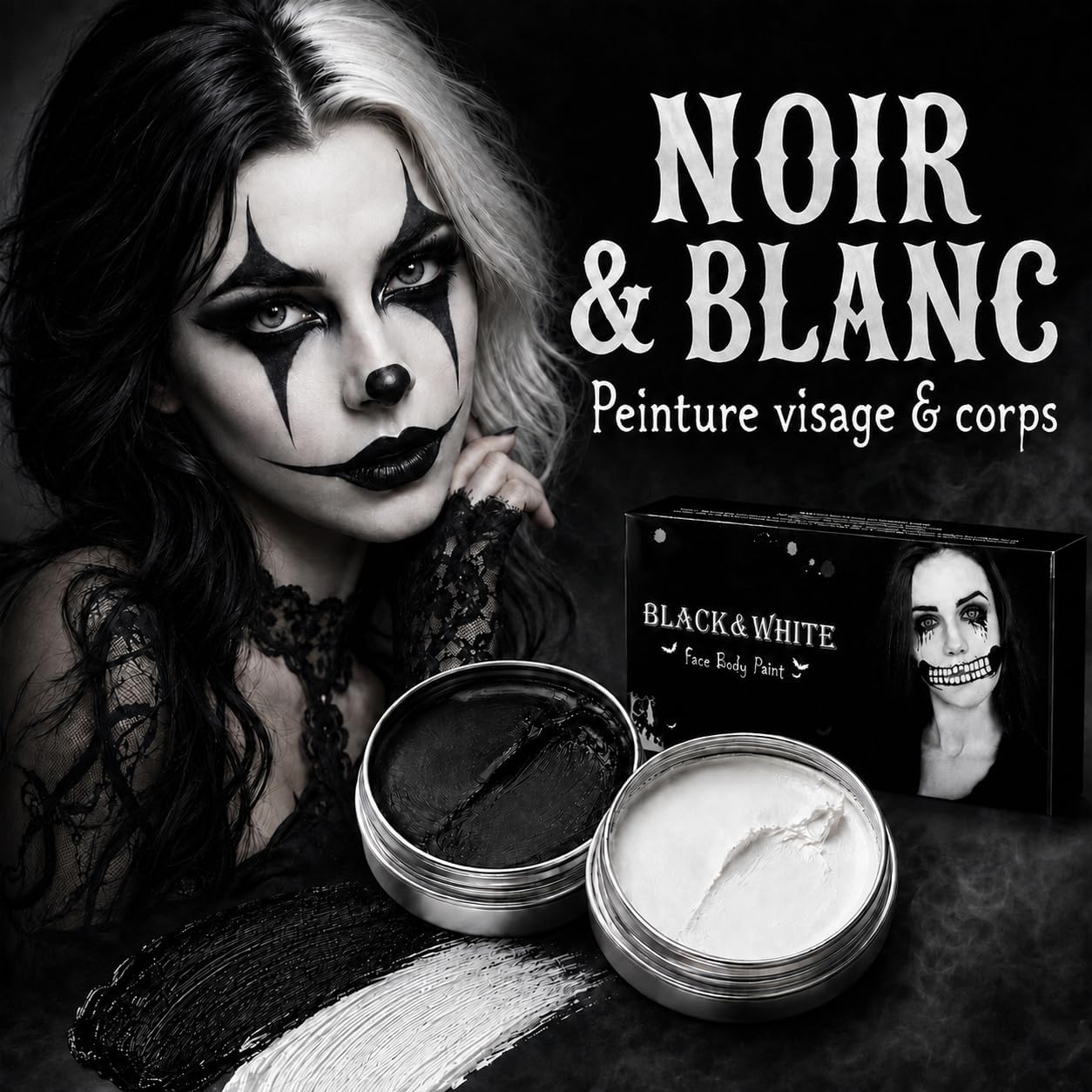 Detalle de SPINNE LUCAS Halloween-gezichtsmake-up, zwart-witte crème van 60 g met 2 kwasten
