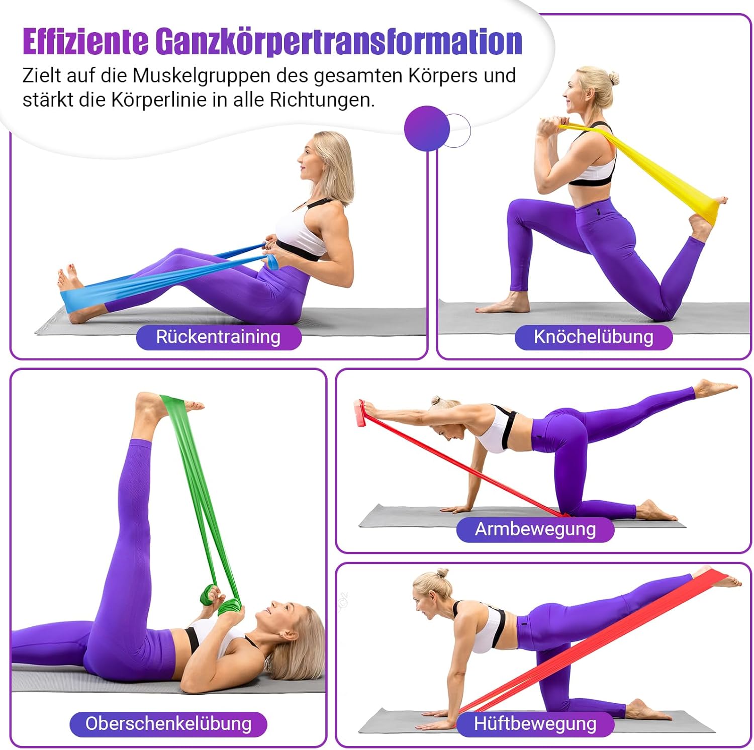 Detalle de COFOF Fitnessbänder 4er-Set – elastische Gymnastikbänder mit Tragetasche und Übungsanleitung