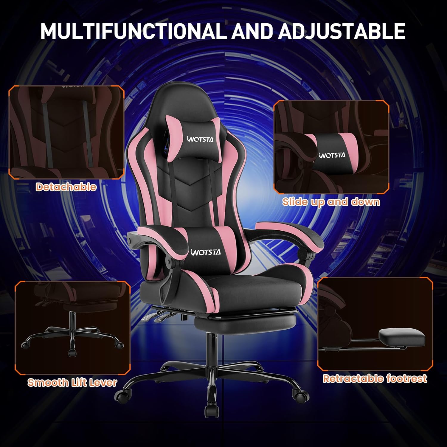 Thumbnail 6 de WOTSTA Gaming Chair with Footrest – Ergonomic PC Chair with Lumbar Support, Head Rest and 360° Swivel (Black Pink)