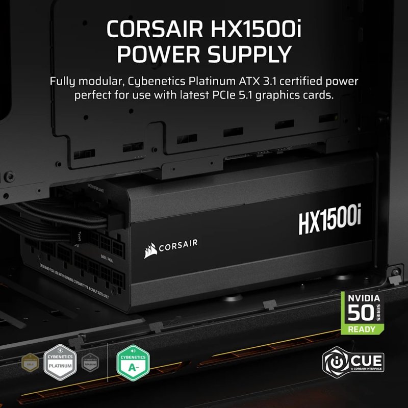 Detalle de Corsair HX1500i (HX1500) ATX 3.1 1500W, 80 Plus Platinum, Modular — potencia limpia para setups exigentes