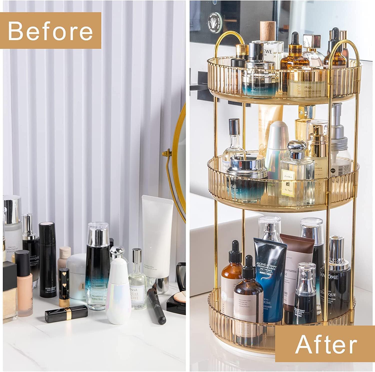 Thumbnail 3 de Bingobang 360 Rotating Makeup & Skincare Organiser (Gold) – 3-Tier Acrylic Storage Shelf