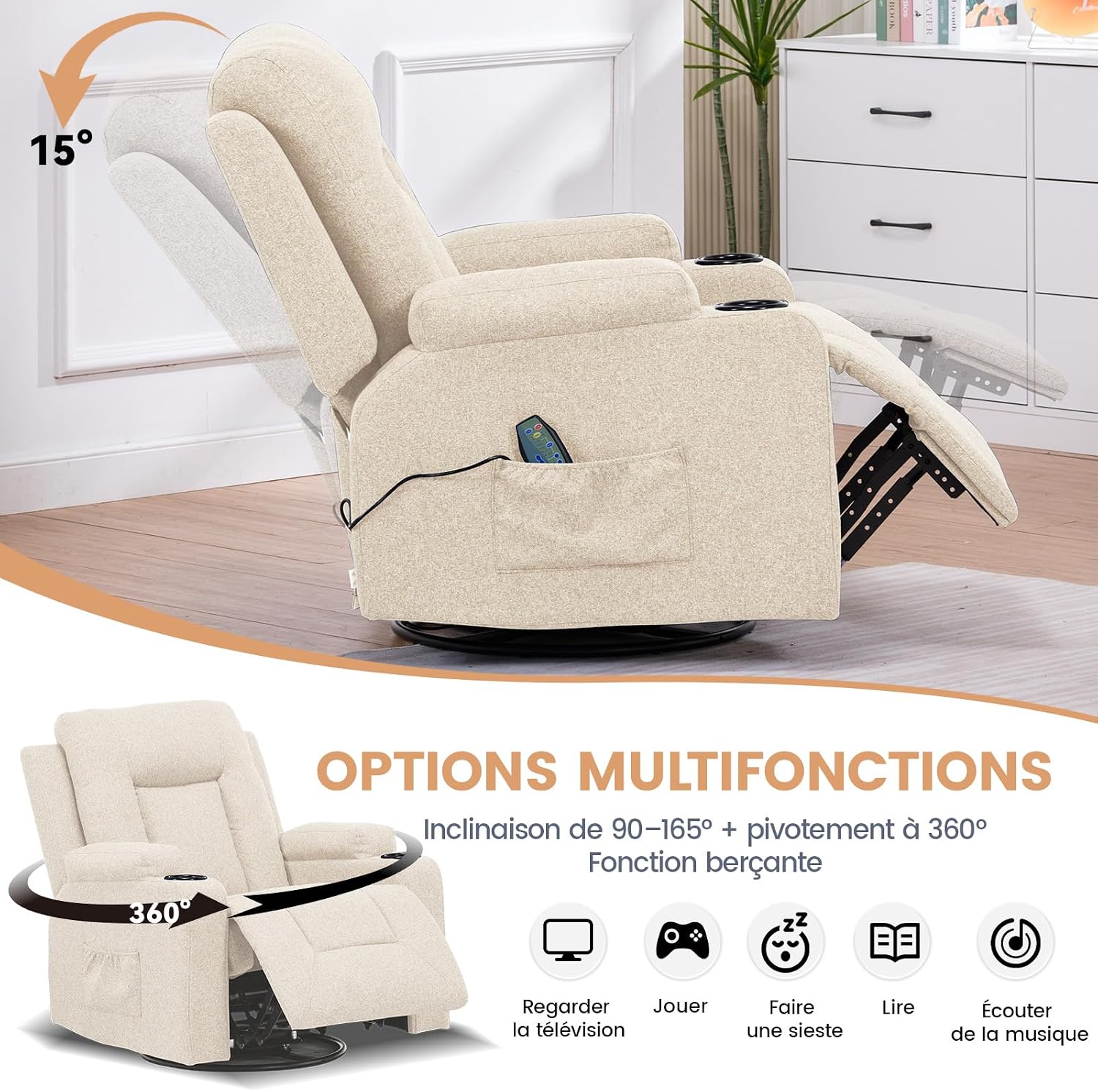 Thumbnail 5 de COMHOMA Fauteuil Relaxation en Tissu avec Inclinaison et Pivot 360° — Beige