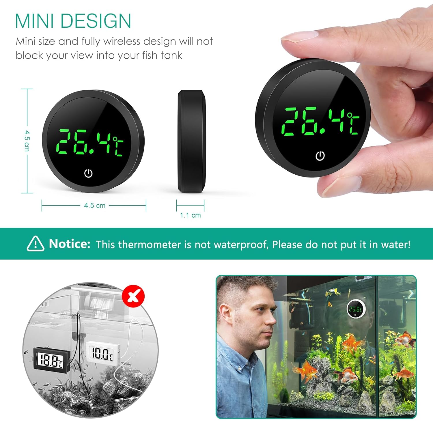 Detalle 2 de ORIA Aquarium Thermometer LED Digital – Kleben-On Mini-Temperatursensor für Süß- & Meerwasser, Schwarz