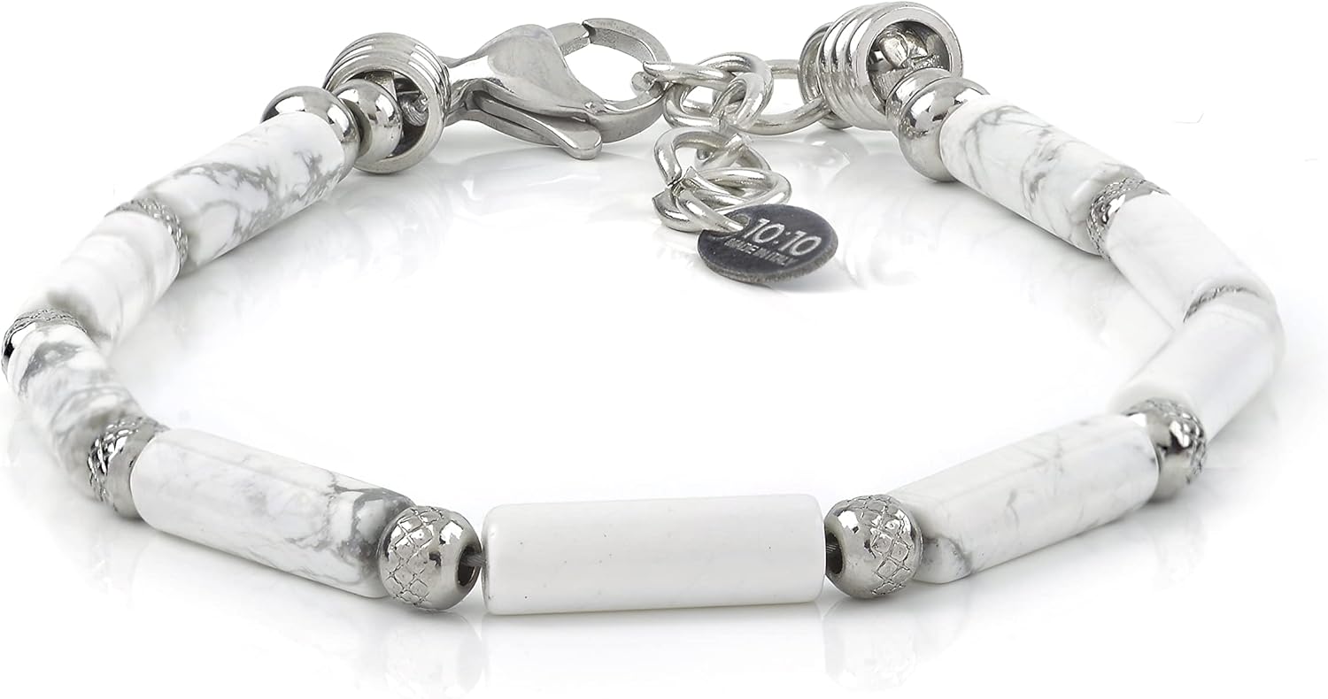 Thumbnail 1 de 10:10 Bracciale Uomo Donna: pietre naturali cilindriche e perle diamantate in acciaio inox anallergico