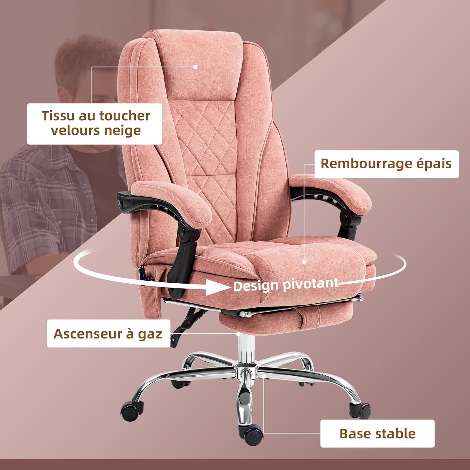 Thumbnail 6 de Vinsetto Fauteuil de Bureau massant 135° Rose