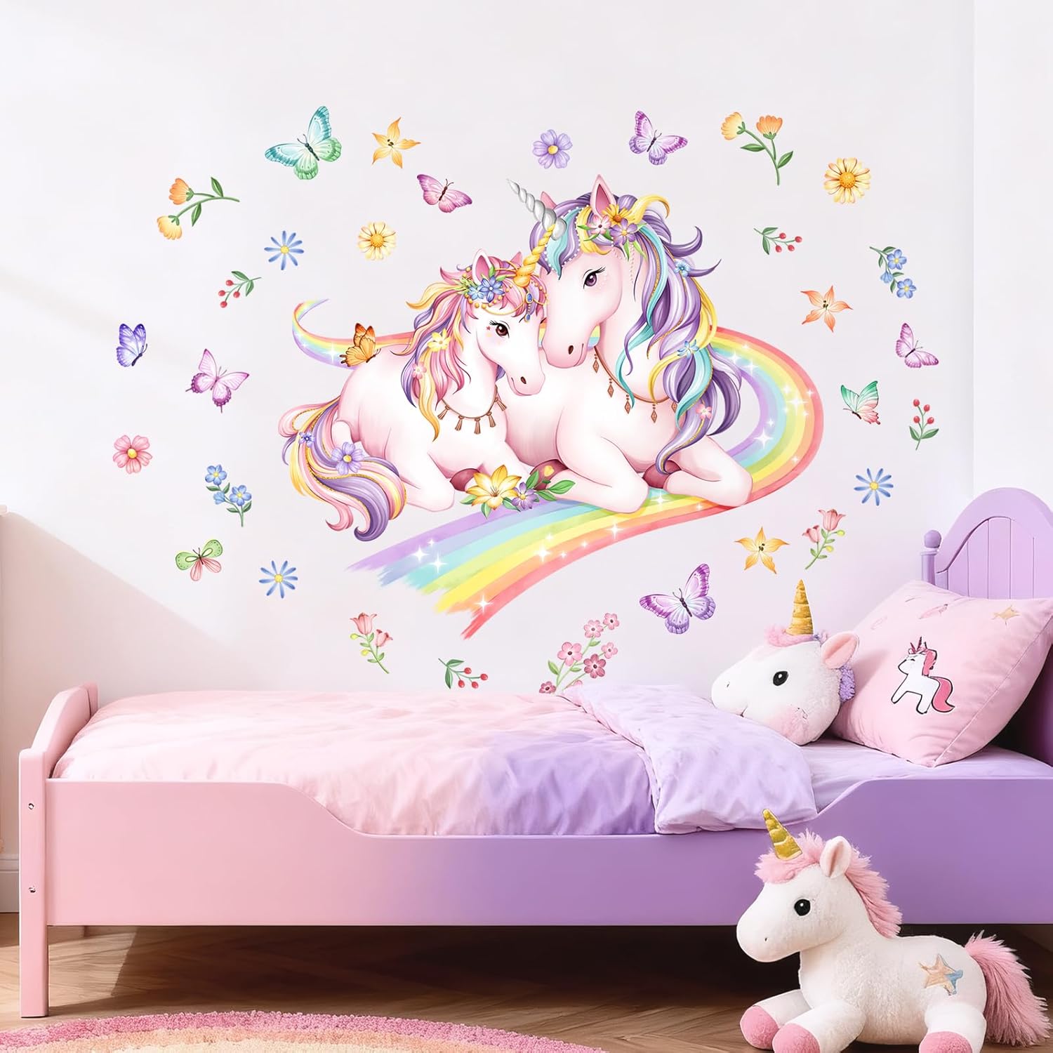 Detalle de Tanlaby Einhorn Wandtattoo Regenbogen Groß – Rosa Pony & Blumen Sprites als Wandaufkleber