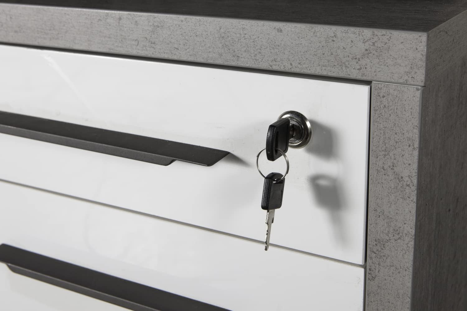 Detalle 2 de Composad Scrivania, Cassettiera e Libreria Bassa – Linea Disegno, Grigio Cemento e Bianco Laccato