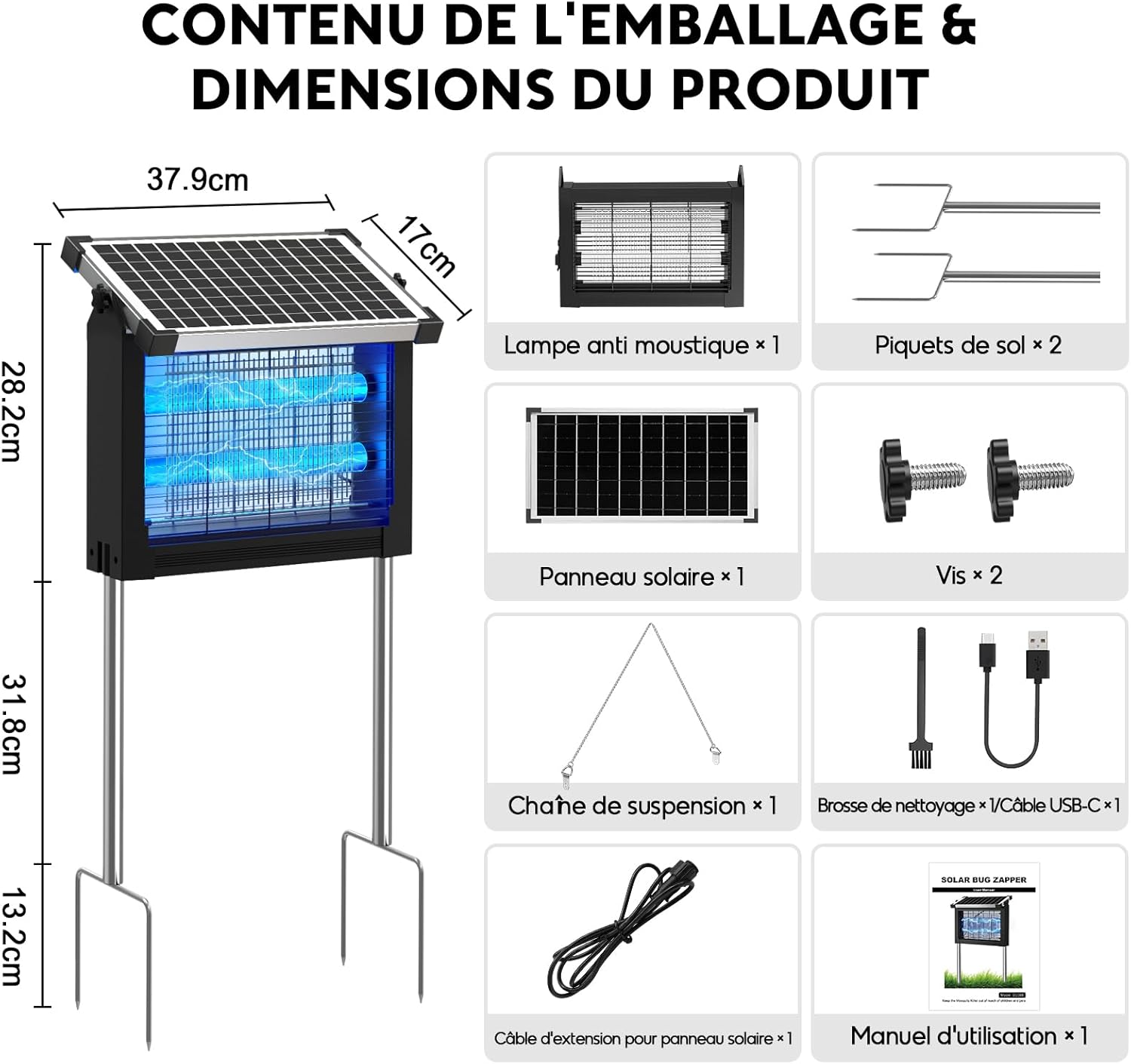 Thumbnail 1 de Dnenellr Lampe Anti-Moustique Solaire d’Extérieur 4500V, IPX5, USB-C – parfait pour jardin et camping
