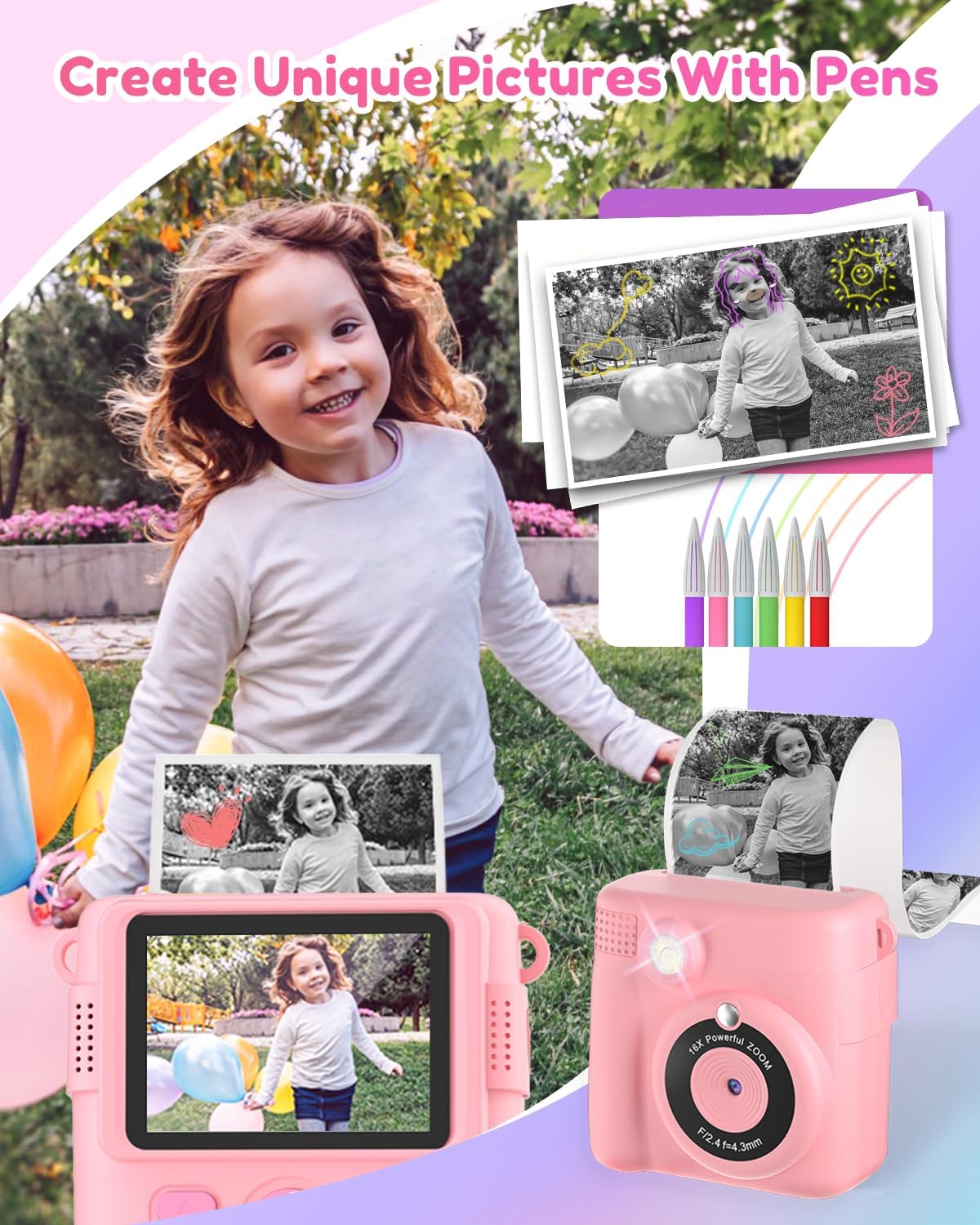 Thumbnail 4 de YORKOO Kids Instant Camera (Thermal Print) with Photo Paper, 1080P HD Digital Camera and Video Recorder, 32GB SD Card – Pink