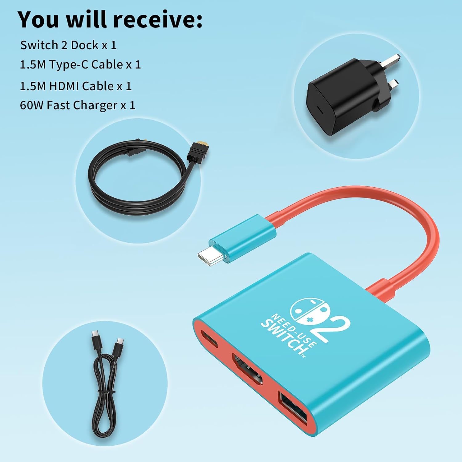 Thumbnail 6 de Reddening Switch 2 Dock with 60W Charger and HDMI Cable — Official-style replacement for NS2 Dock