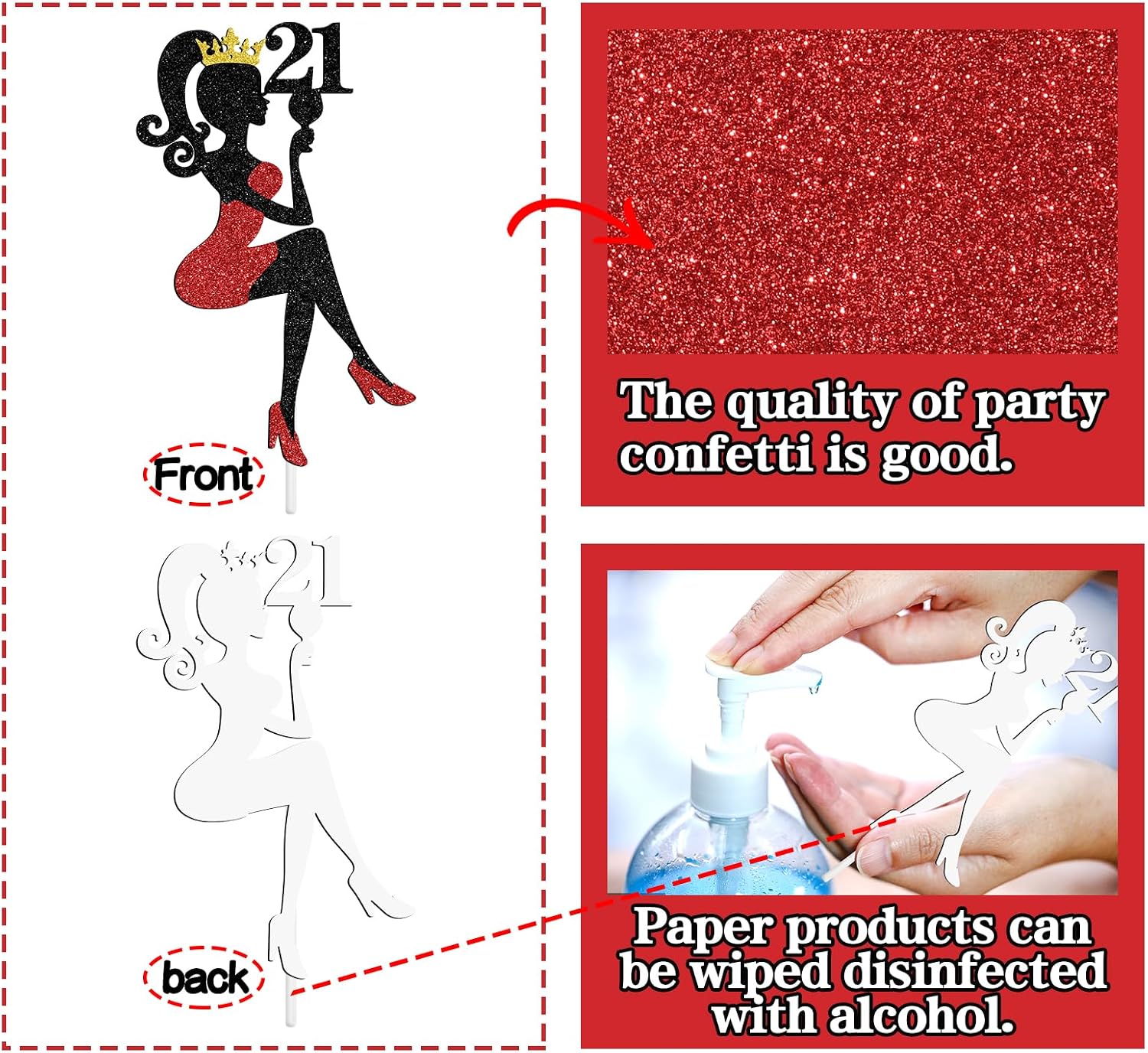 Detalle 2 de NARLOPI Lady Happy 21st Birthday Cake Topper, Glitter Paper Decoration