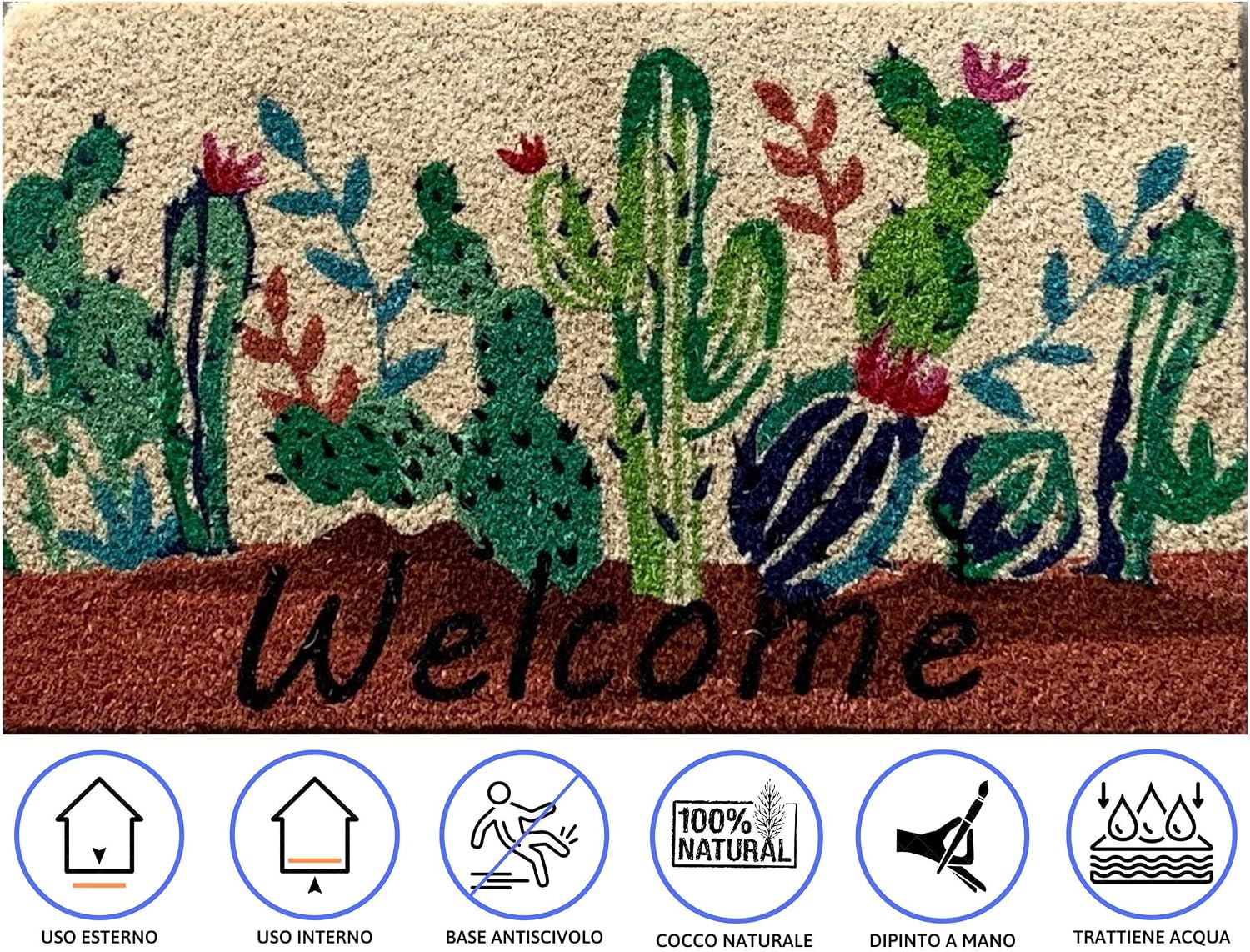 Thumbnail 3 de Baroni Home Zerbino Ingresso Casa in Cocco Dipinto a Mano 70x40 cm – Welcome con cactus floreale