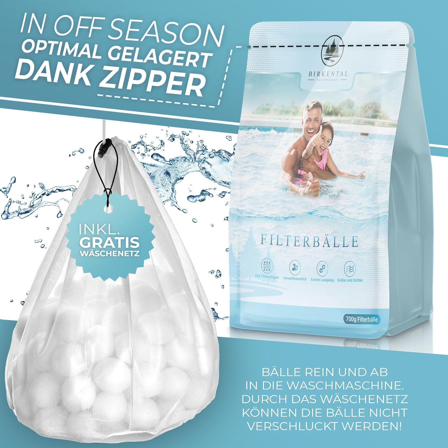 Detalle 2 de Birkental Pool Filterbälle mit Wäschenetz – langlebiger Sandfilter-Ersatz (700 g)