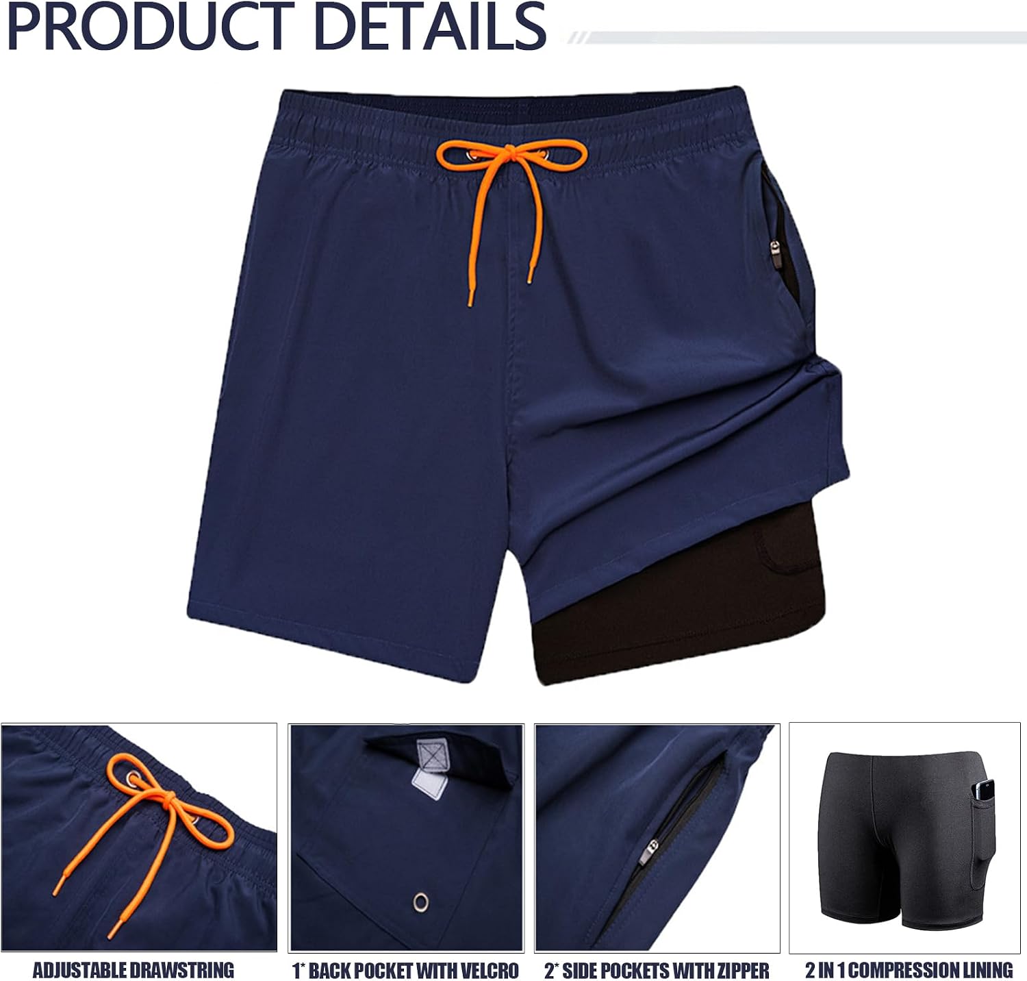 Detalle de SEDEX Mens Swimming Shorts with Zipper Pocket – 2 in 1 Quick Dry Trunks