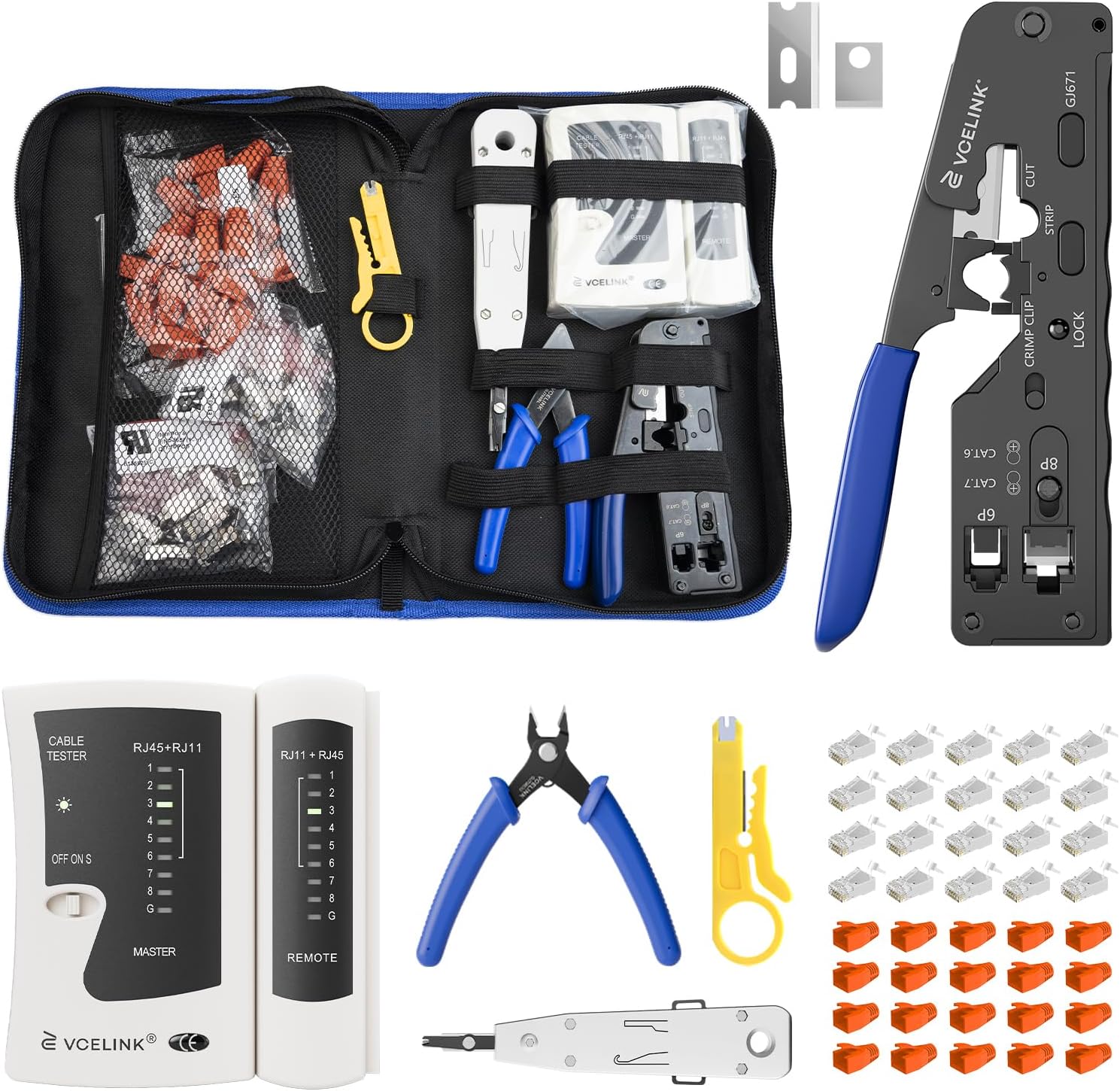 Detalle de VCELINK Netzwerk Werkzeug Set: RJ45 Crimpzange mit Pass-Through Stecker, Netzwerktester & LSA Werkzeug