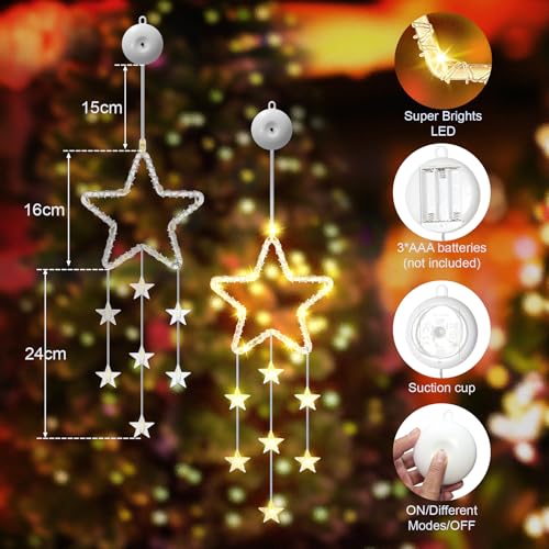Detalle de Dankeled LED Sterne Weihnachtsbeleuchtung – 2er Fenster-Lichterkette mit Timer, warmweiß, 8 Modi