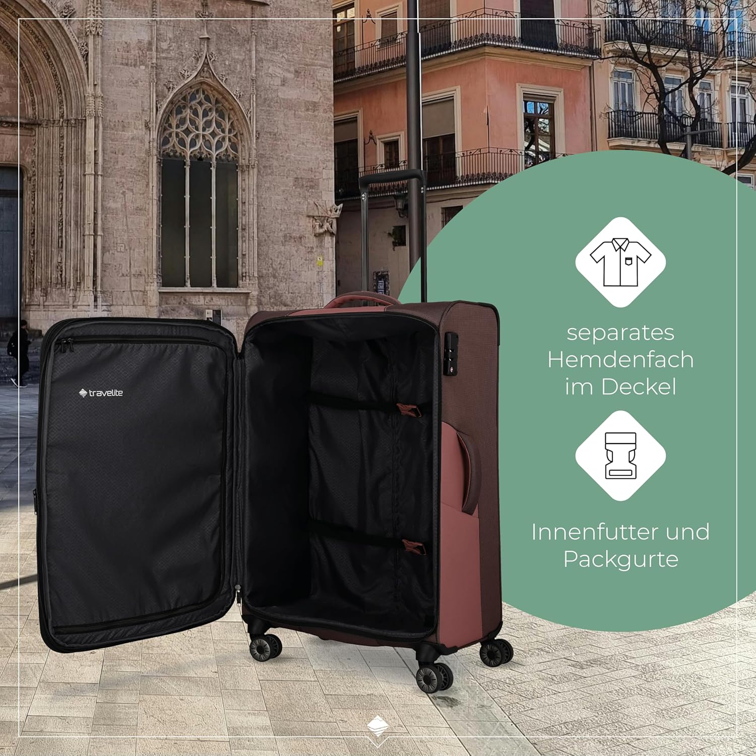 Detalle 2 de travelite 4-Rad Trolley Größe L „VIIA“ mit Dehnfalte, TSA-Schloss und Weichschale aus recyceltem Polyester