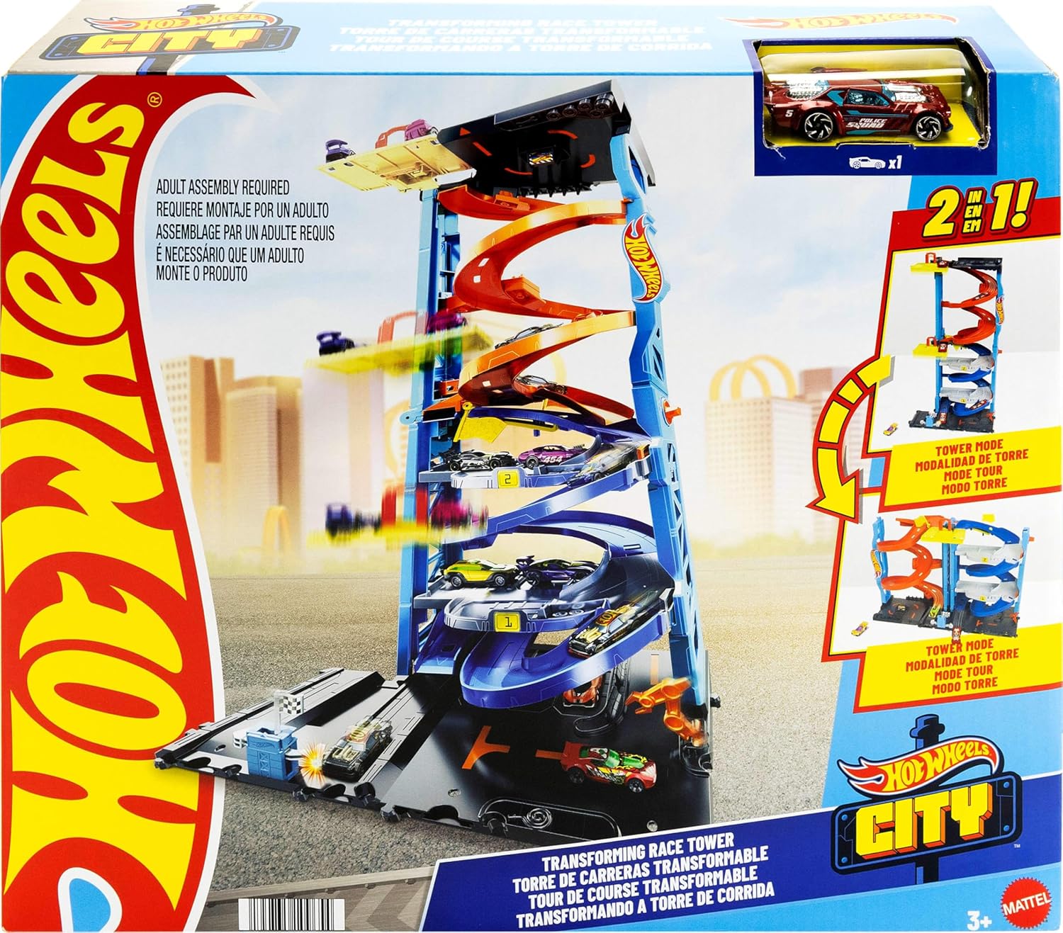 Detalle 2 de Hot Wheels City Trackset 2-in-1 Rennturm mit 1 Hot Wheels Auto (HKX43) – Umwandlung von Einzelbahn zu zweispuriger Rennbahn