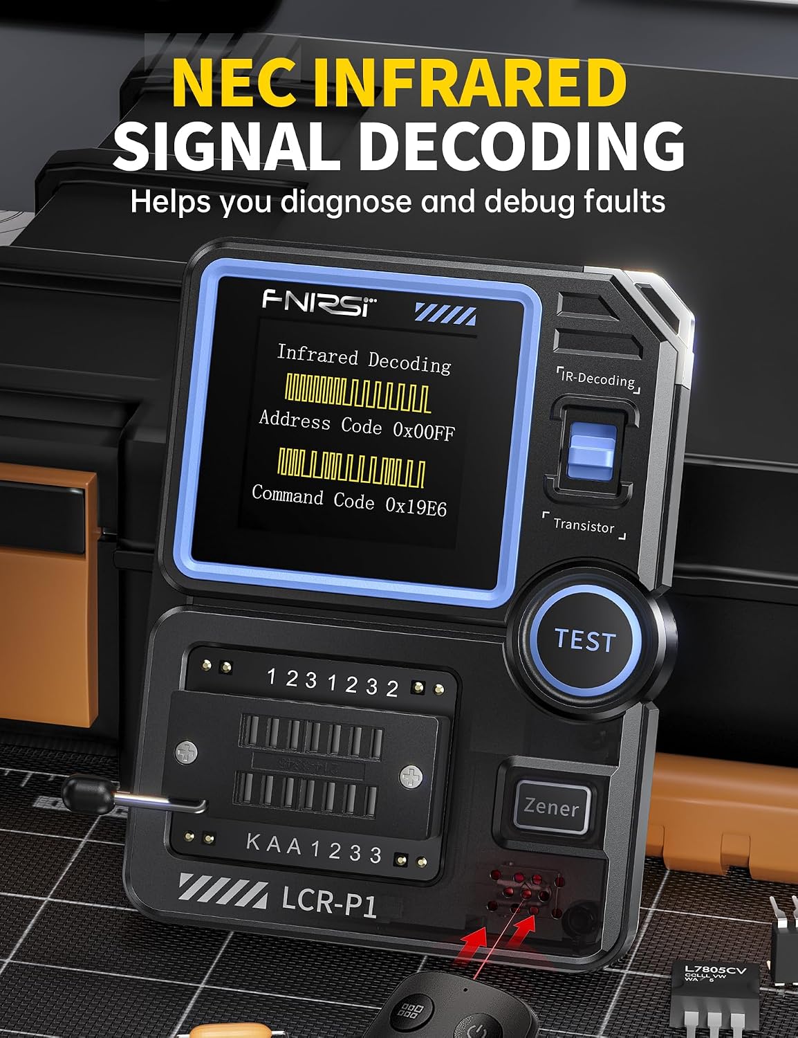 Detalle 2 de FNIRSI LCR-P1 Transistor Tester: All-in-One Component Analyzer for Electronics Hobbyists