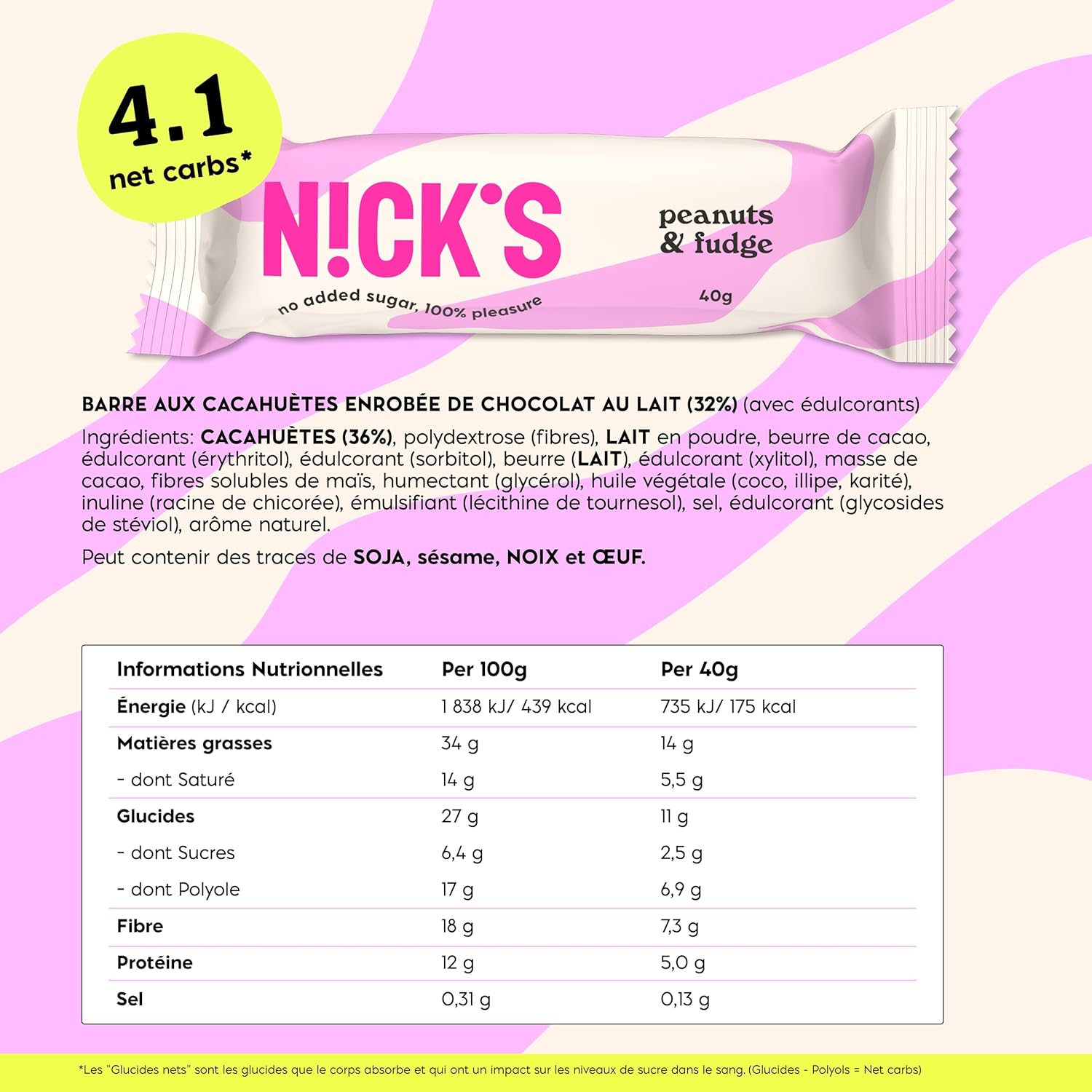Thumbnail 2 de NICKS Barre Keto Peanuts n Fudge (Caramel & cacahuètes) sans sucre ajouté, sans gluten — 15 barres