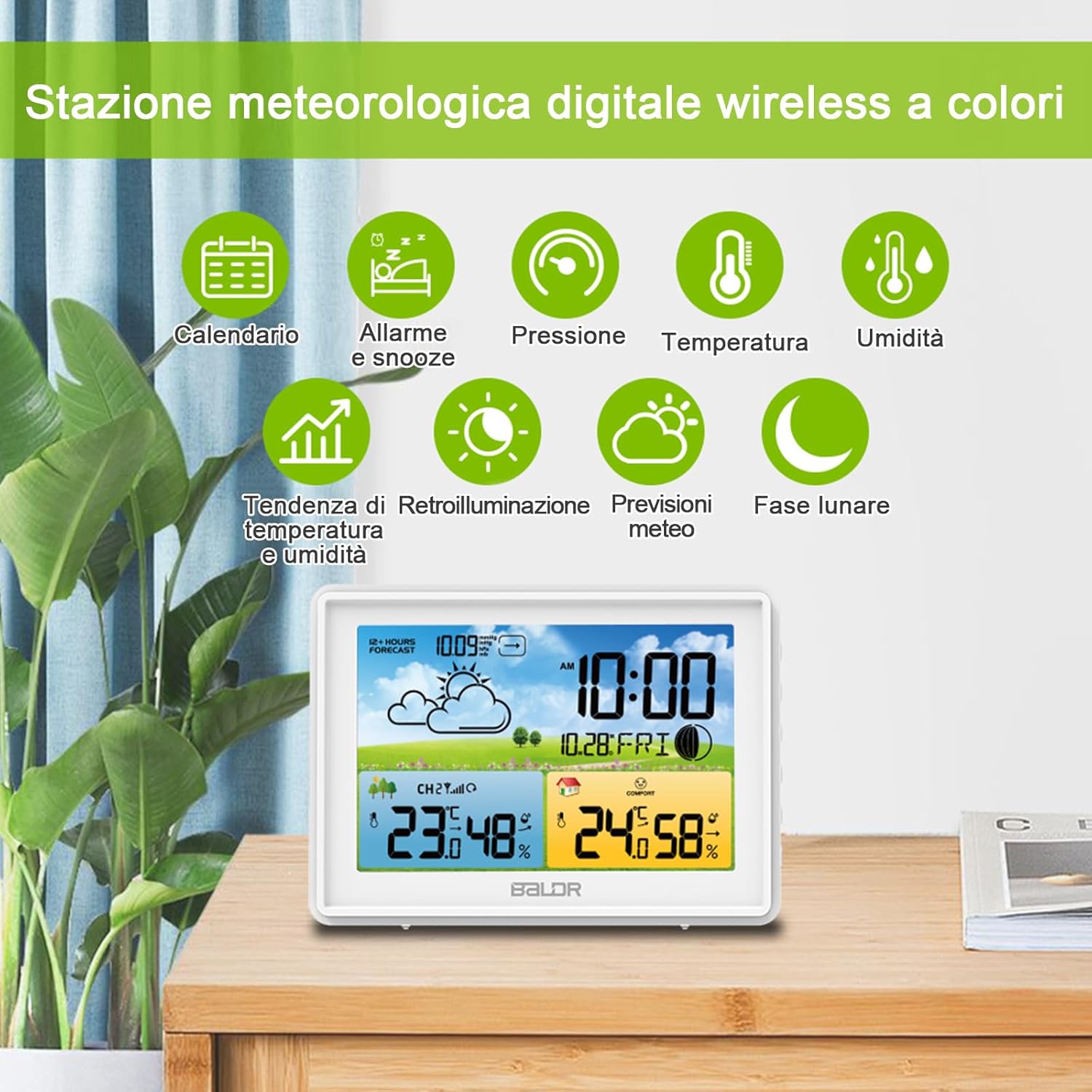 Detalle 2 de LEVIPE Stazione Meteo con Sensore Esterno: Display a Colori, Barometro e Oradio - Perfetta per Casa, Ufficio e Giardino