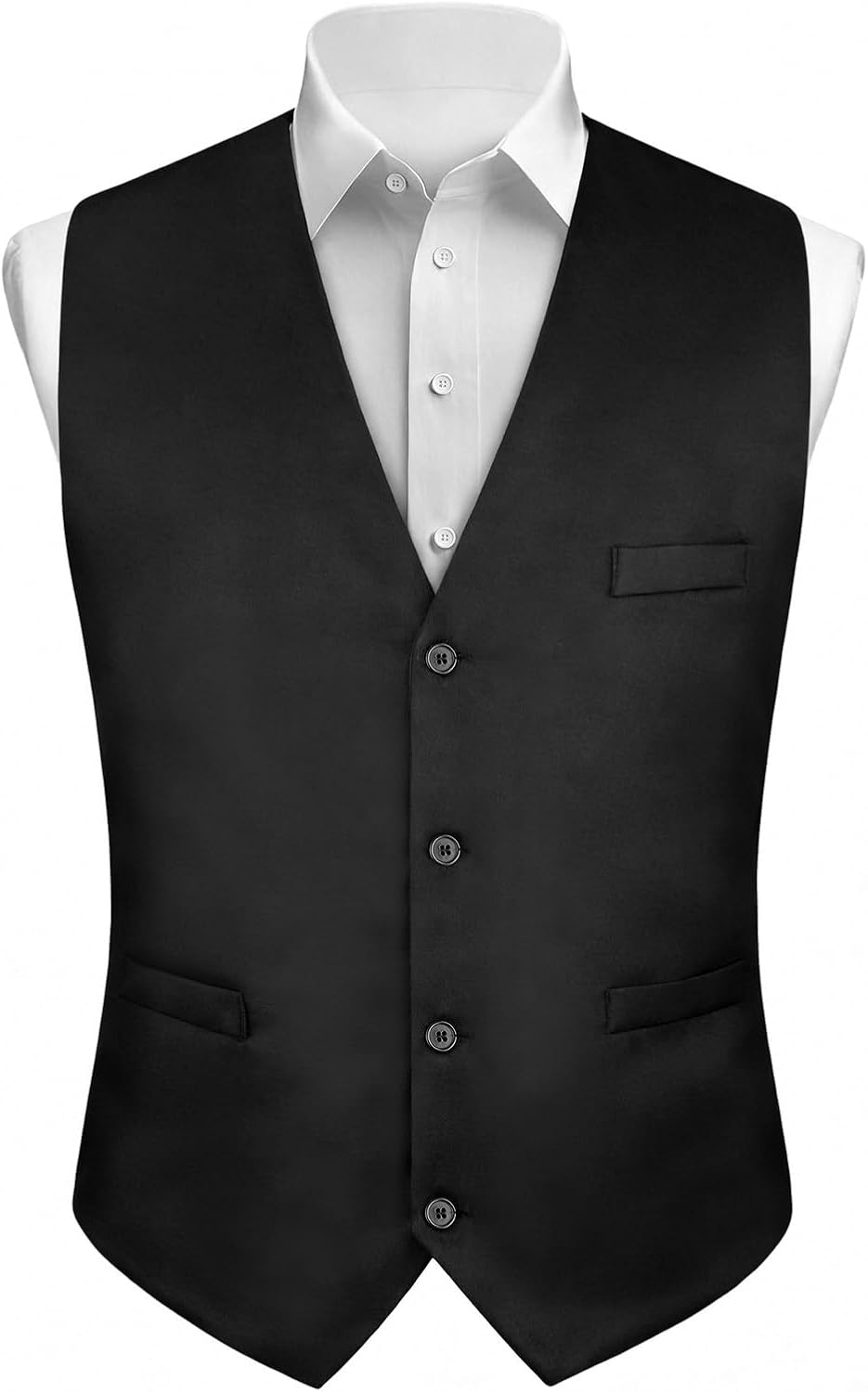 Detalle de AUYAO effen herenvest in zwart polyester met V-hals en knoopsluiting
