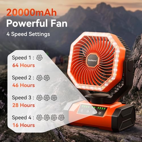 Detalle de Doublepow 20000mAh Camping Fan with LED Light: Portable, Remote-Controlled Oscillating Fan for Outdoor Use