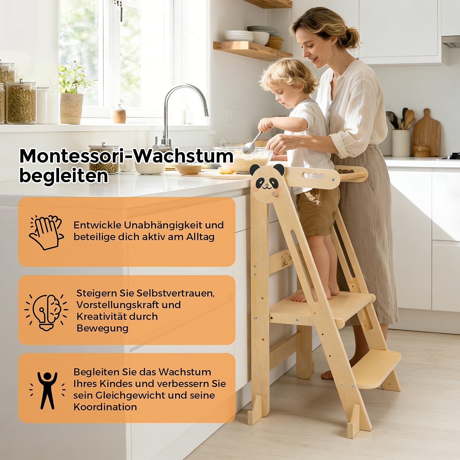 Detalle de SOFTHOM Torre Montessori per bambini Pieghevole: sicurezza, altezza regolabile e risparmio di spazio
