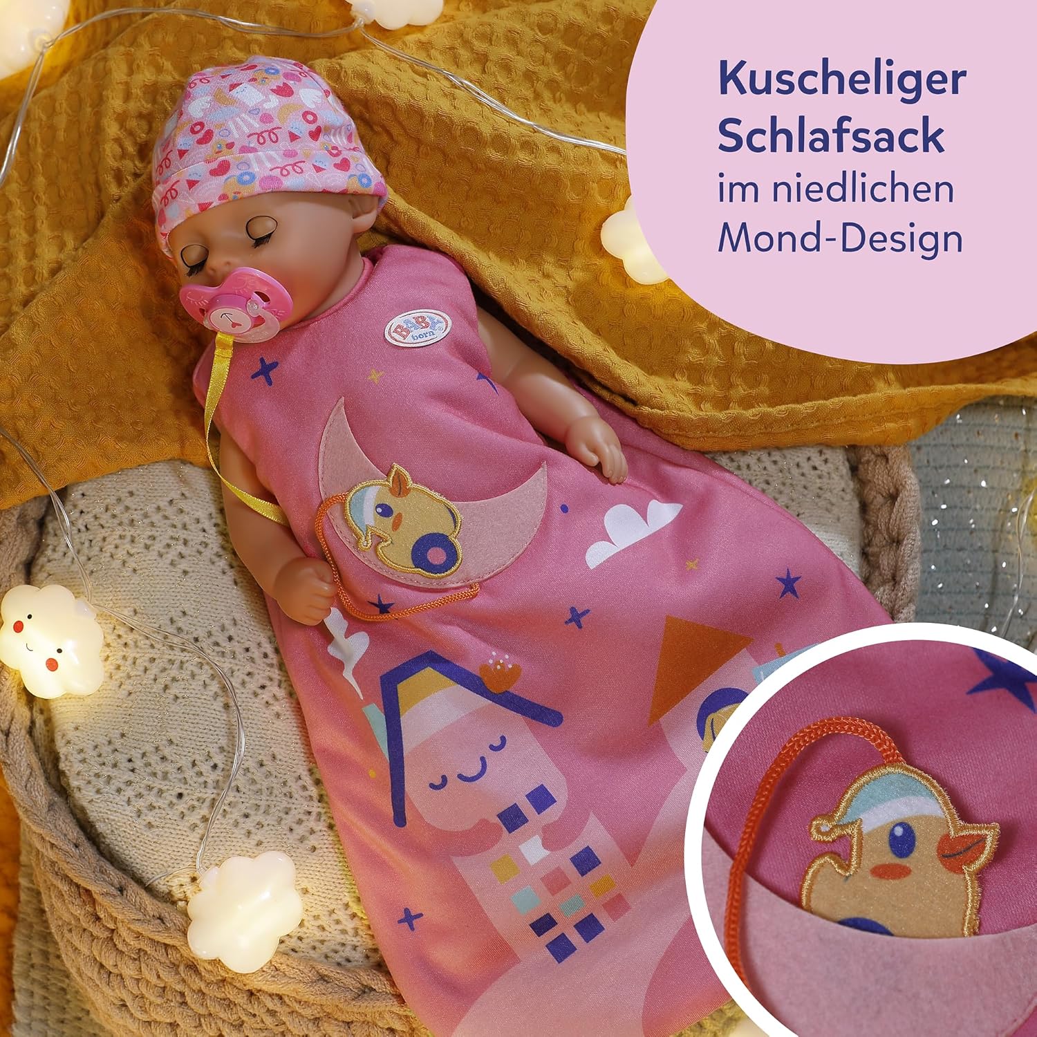 Detalle de BABY Born Schlafsack Mond mit herausnehmbarer Ente am Band – kuscheliger Begleiter für Puppen 43 cm